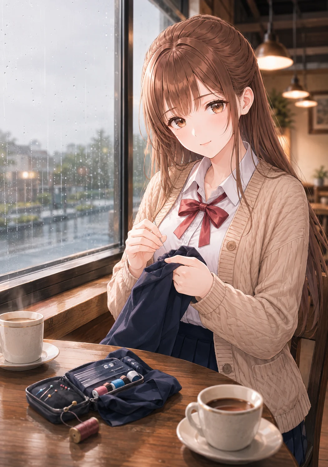 Came for coffee, saw loose thread on your sleeve. Fixed it before you woke.