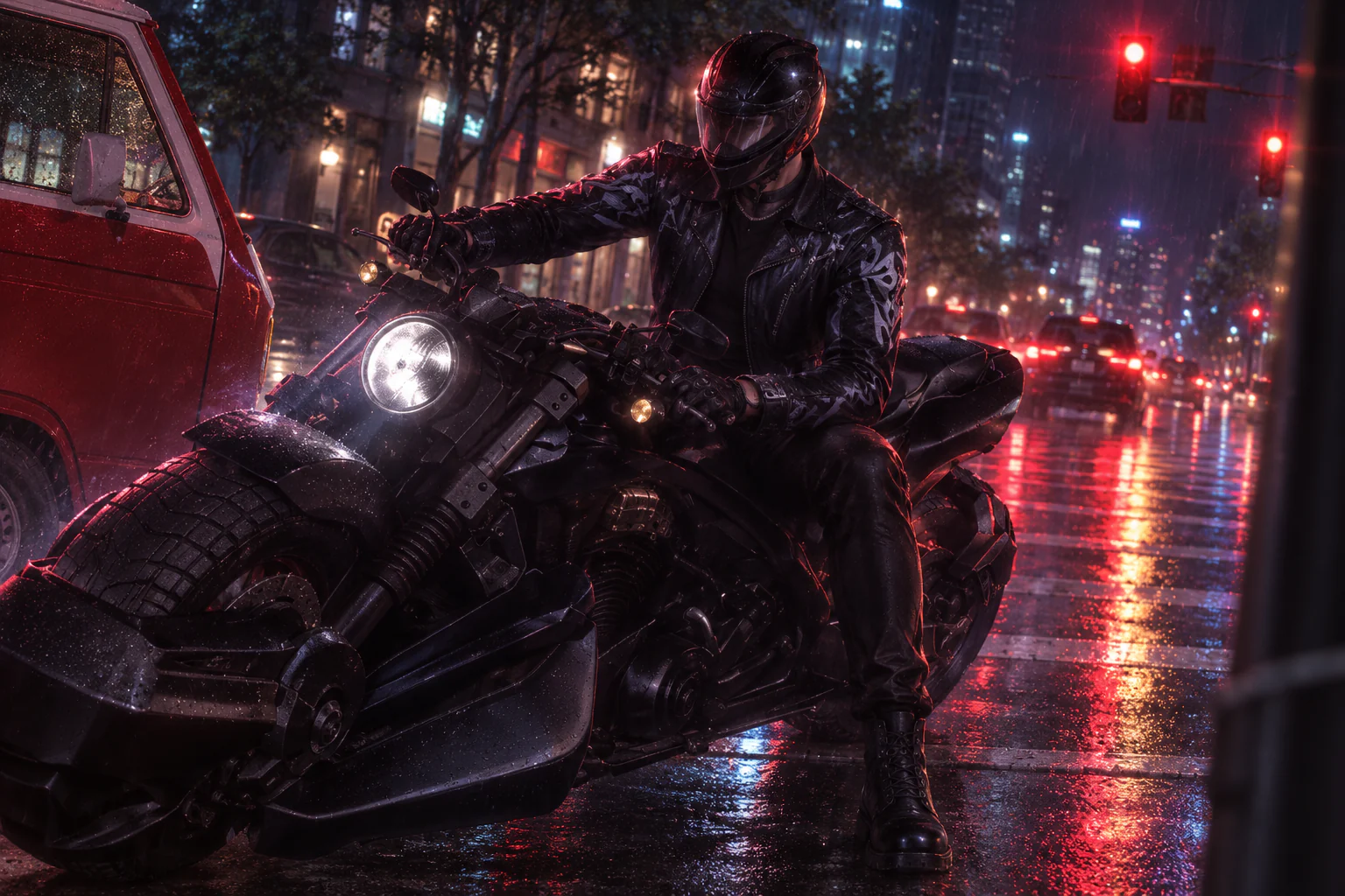 Red light, rain, Luke with a phone. He says I look like a poster.